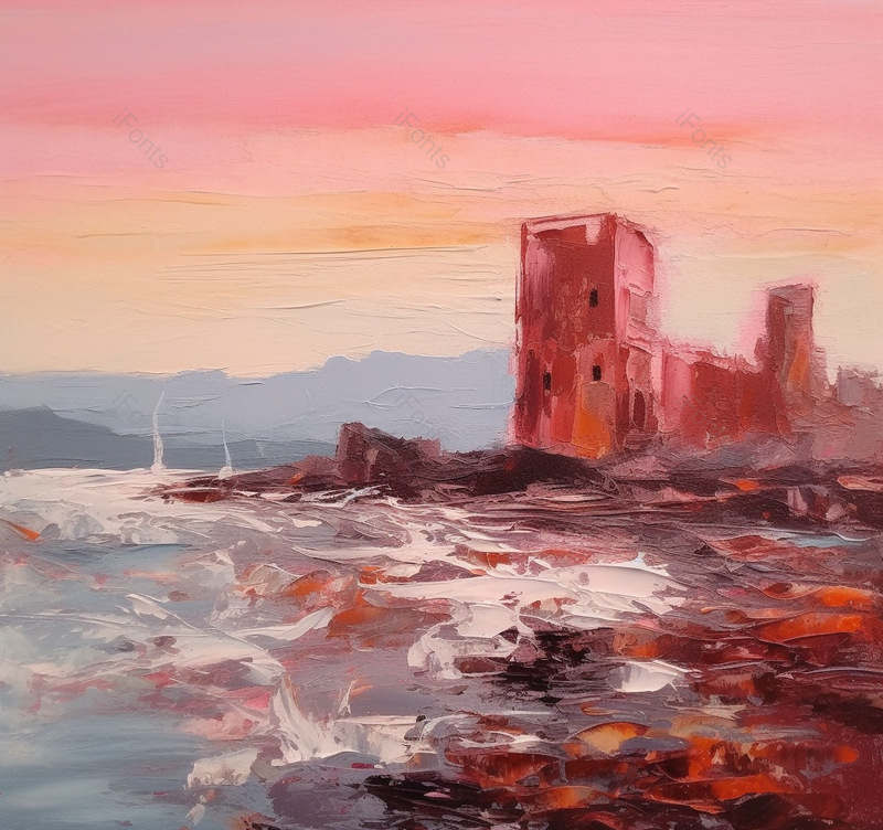 海岸线边海浪小岛古堡矗立夕阳日落云朵天空笔触纹理油画,插画/手绘图,插画/手绘图库,插画/手绘图下载,插画/手绘